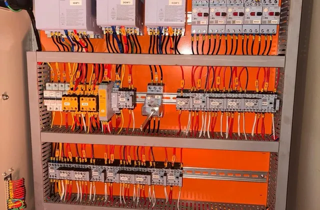 Painel elétrico aberto com inversores de frequência WEG montado pela MDV Service